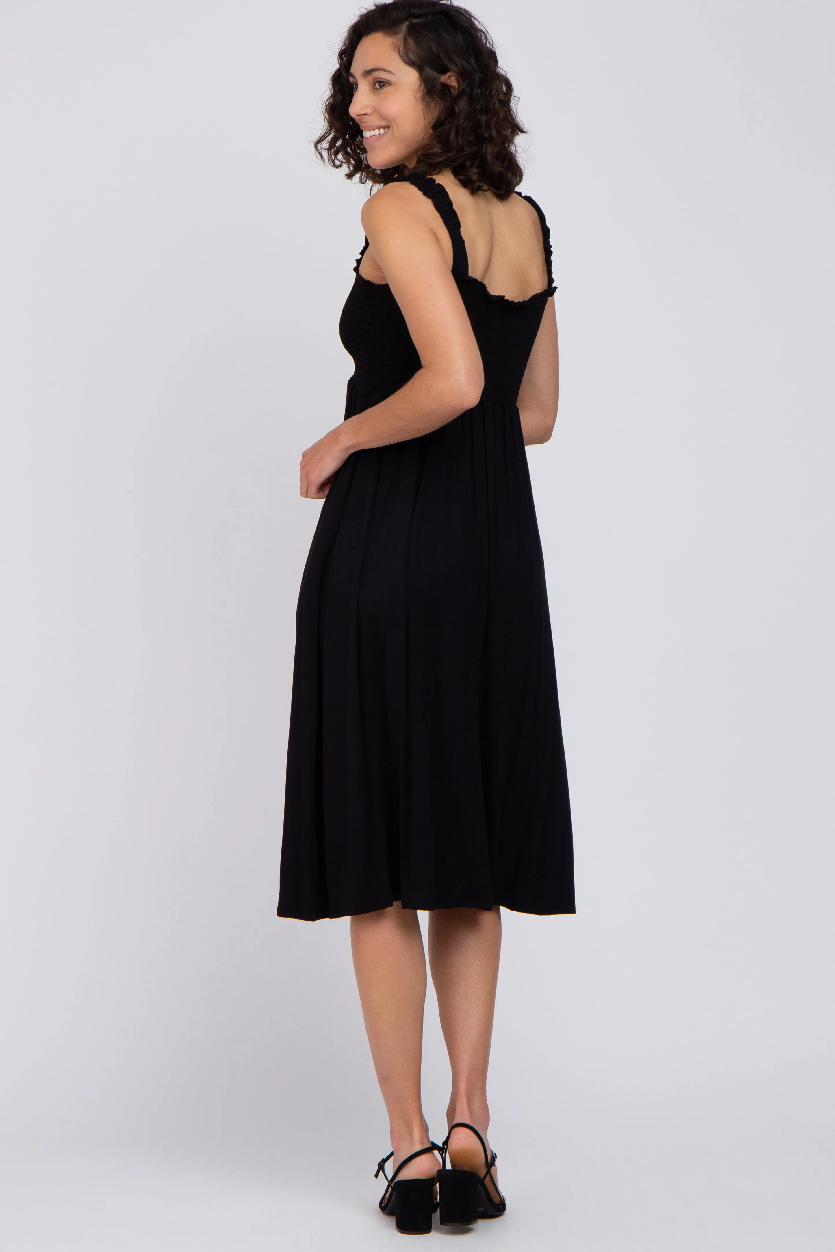 Black Smocked Ruffle Strap Midi Dress sold by Pinkblush product image thumbnail 3