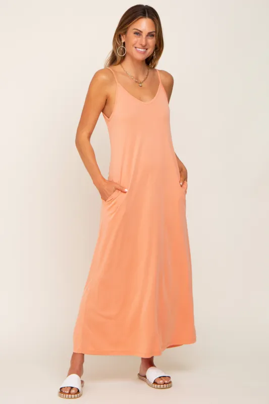 Peach Sleeveless V-Neck Maxi Dress sold by Pinkblush