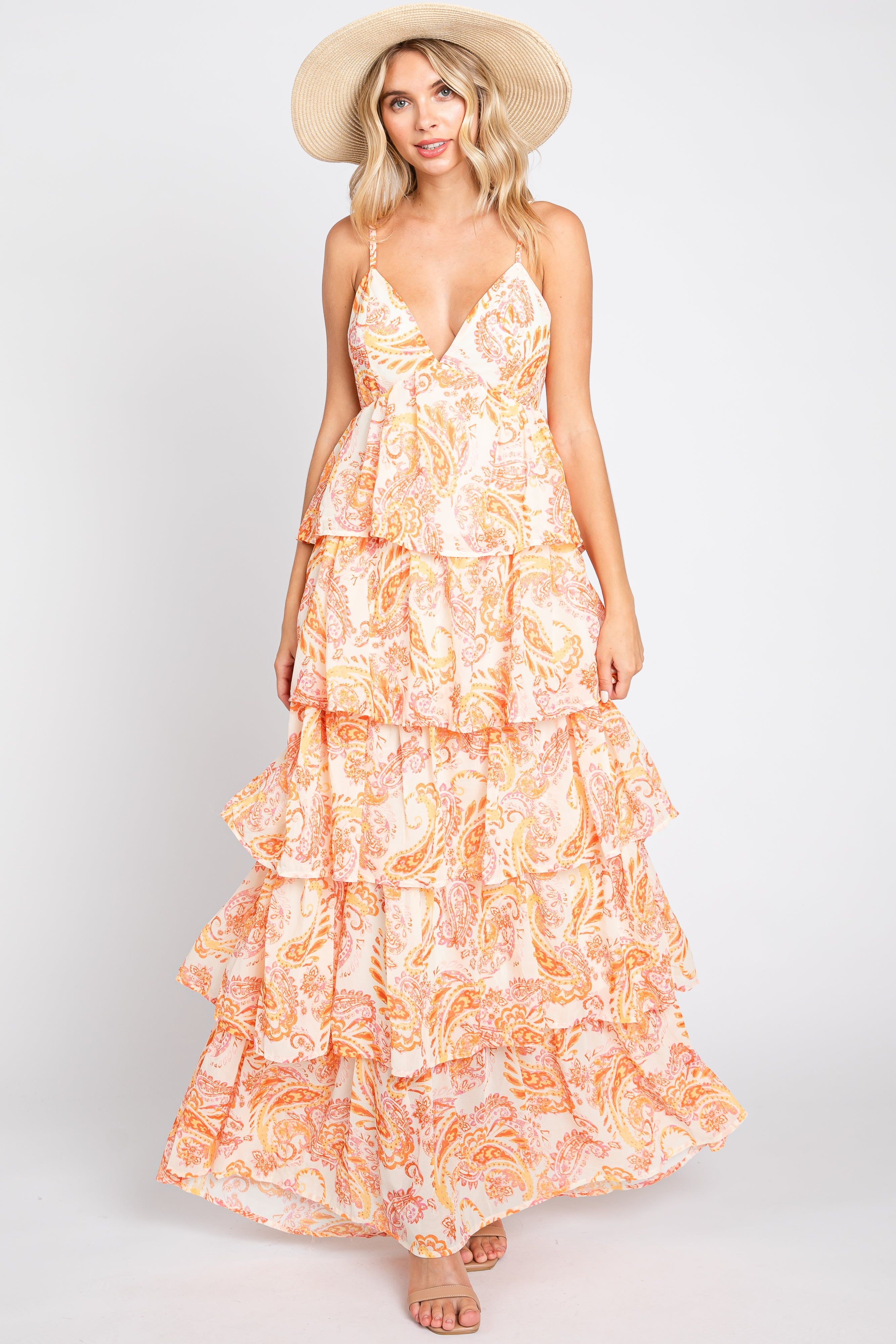 Ivory Floral Chiffon Open Back Tiered Maxi Dress sold by Pinkblush product image thumbnail 4