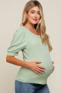 Light Olive Puff Sleeve Waffle Knit Maternity Top sold by Pinkblush