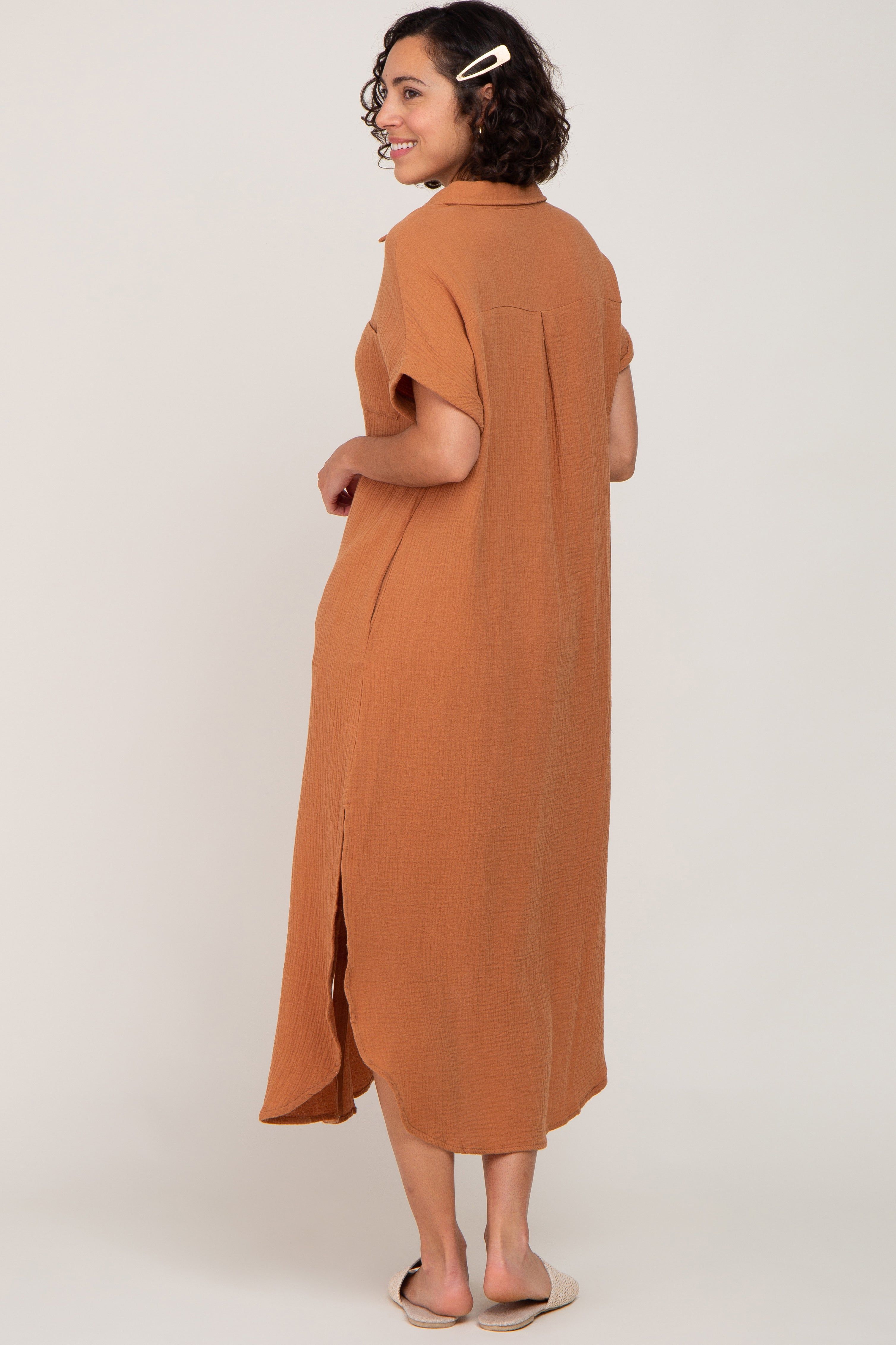 Camel Button Down Midi Dress sold by Pinkblush product image thumbnail 3