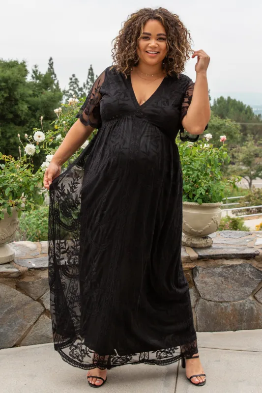 PinkBlush Black Lace Mesh Overlay Maternity Plus Maxi Dress sold by Pinkblush
