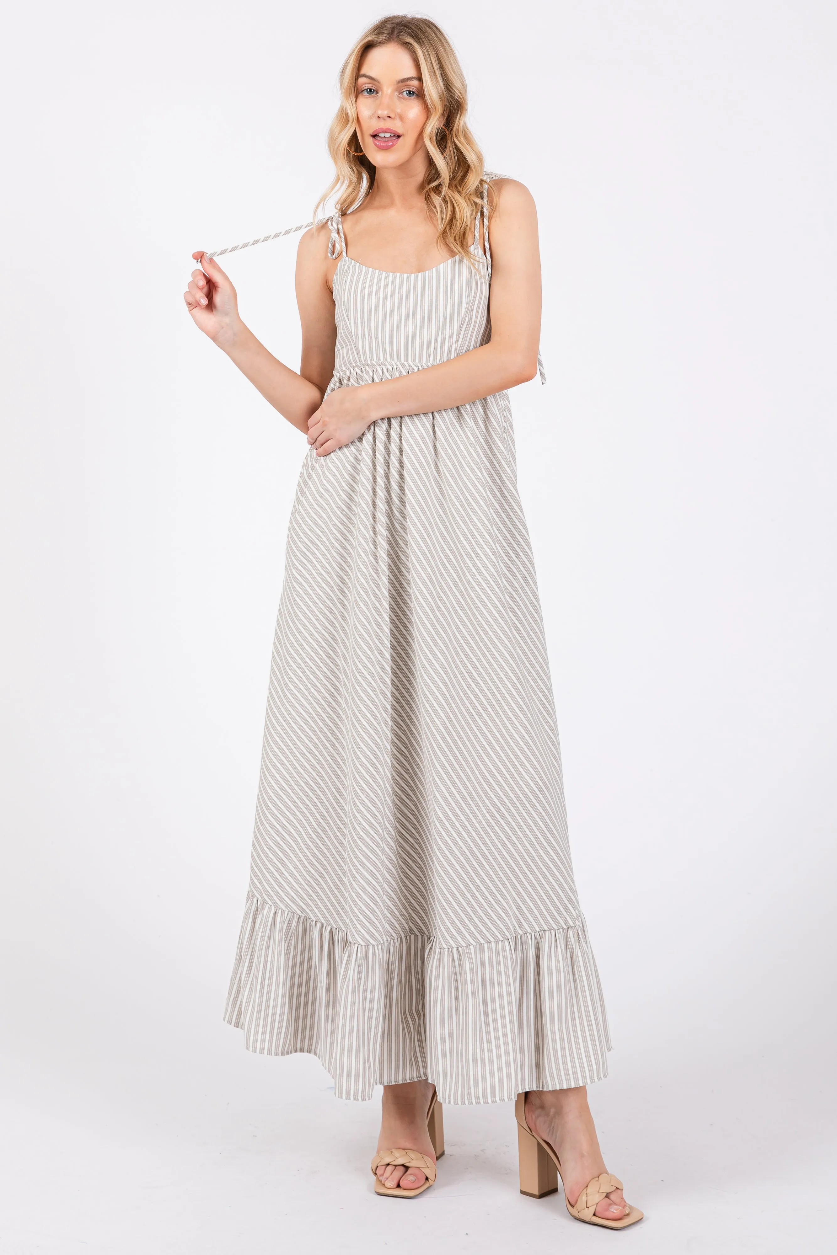 Beige Striped Tie Strap Maxi Dress sold by Pinkblush product image thumbnail 4