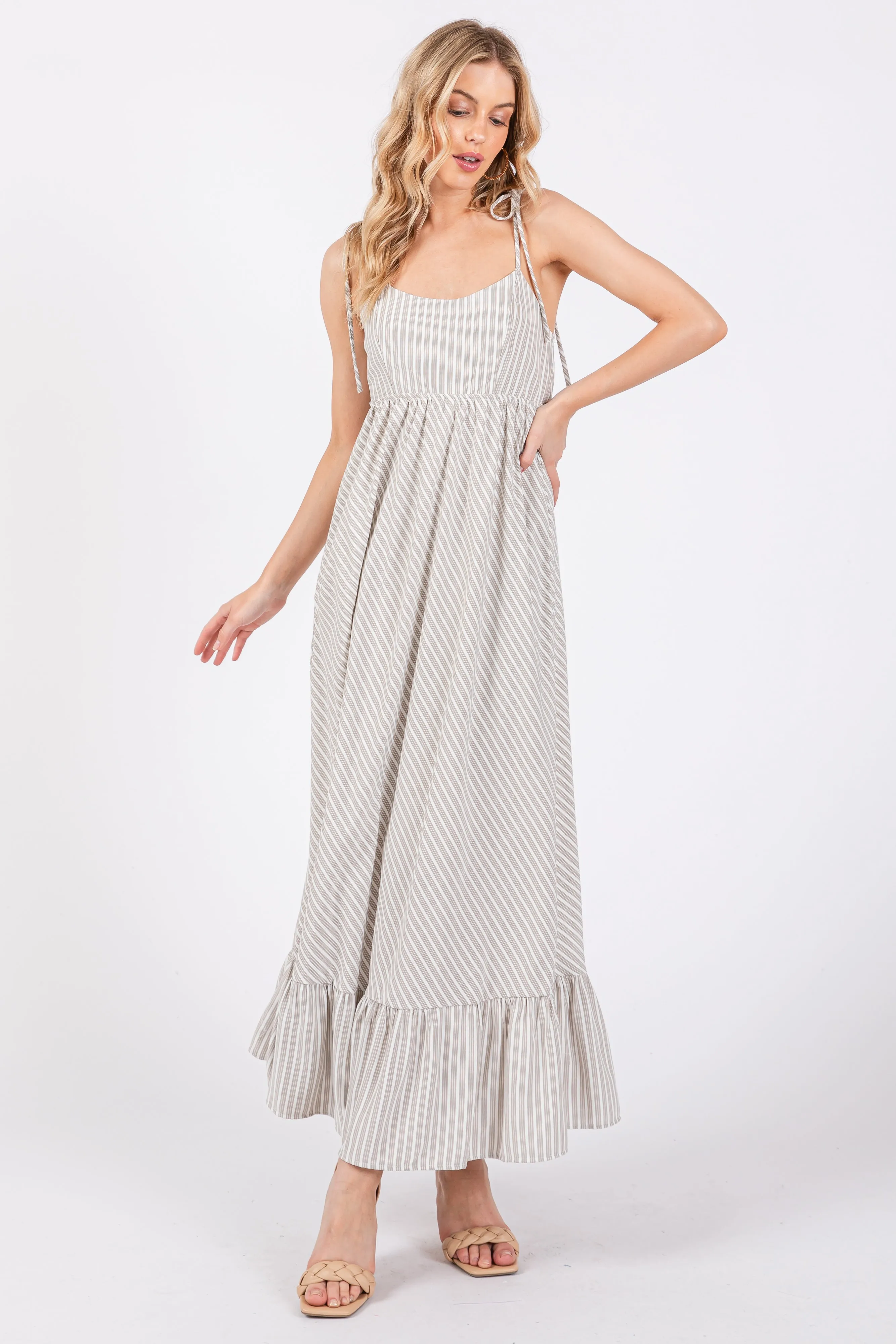 Beige Striped Tie Strap Maxi Dress sold by Pinkblush
