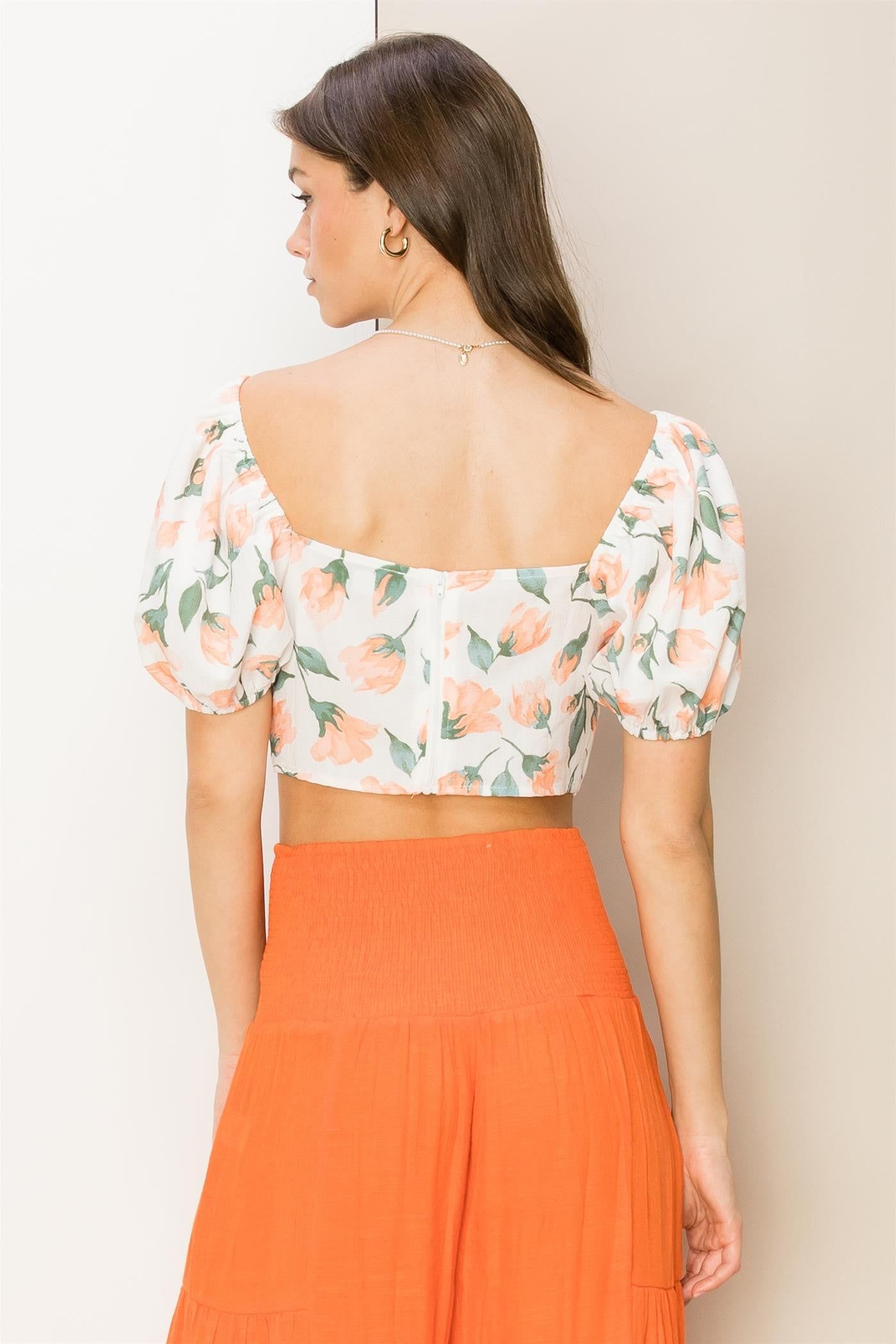 Orange Floral Print Sweetheart Neck Crop Top sold by Pinkblush product image thumbnail 3