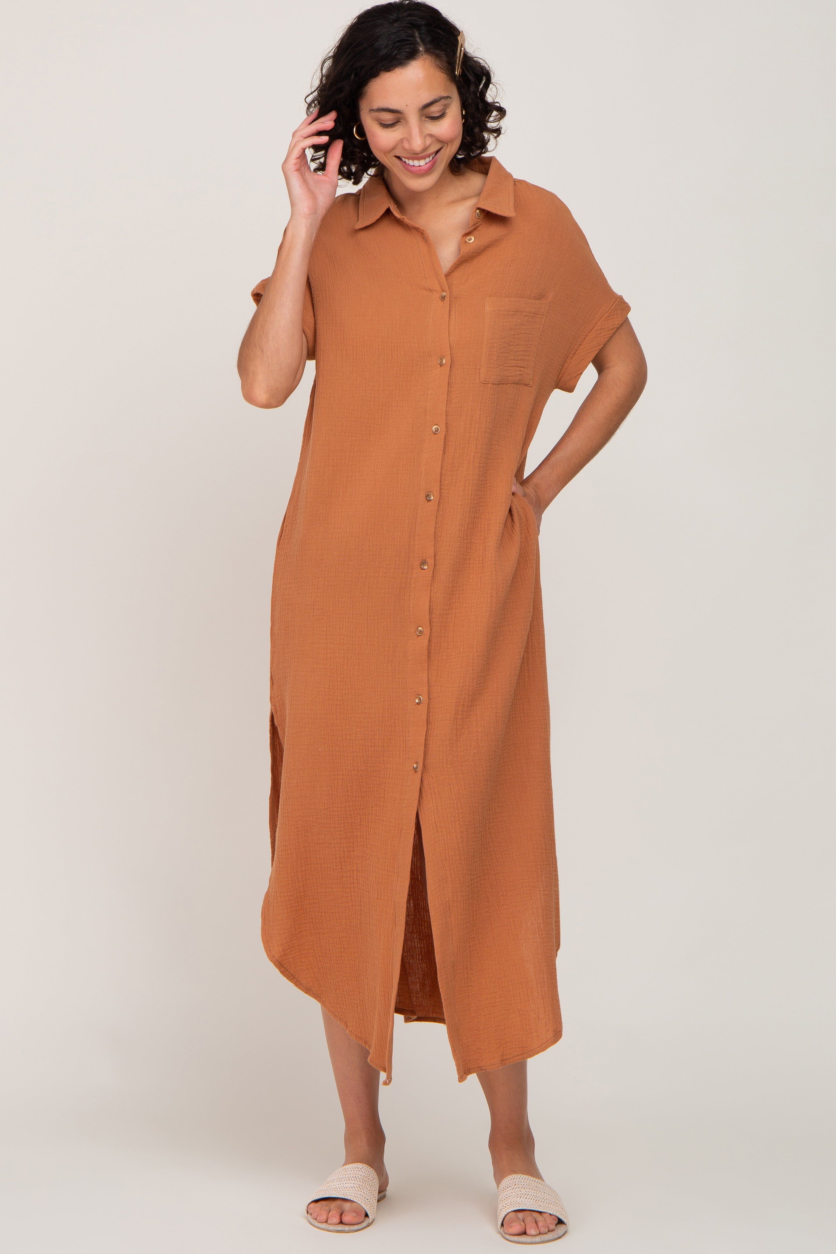 Camel Button Down Midi Dress sold by Pinkblush product image thumbnail 4