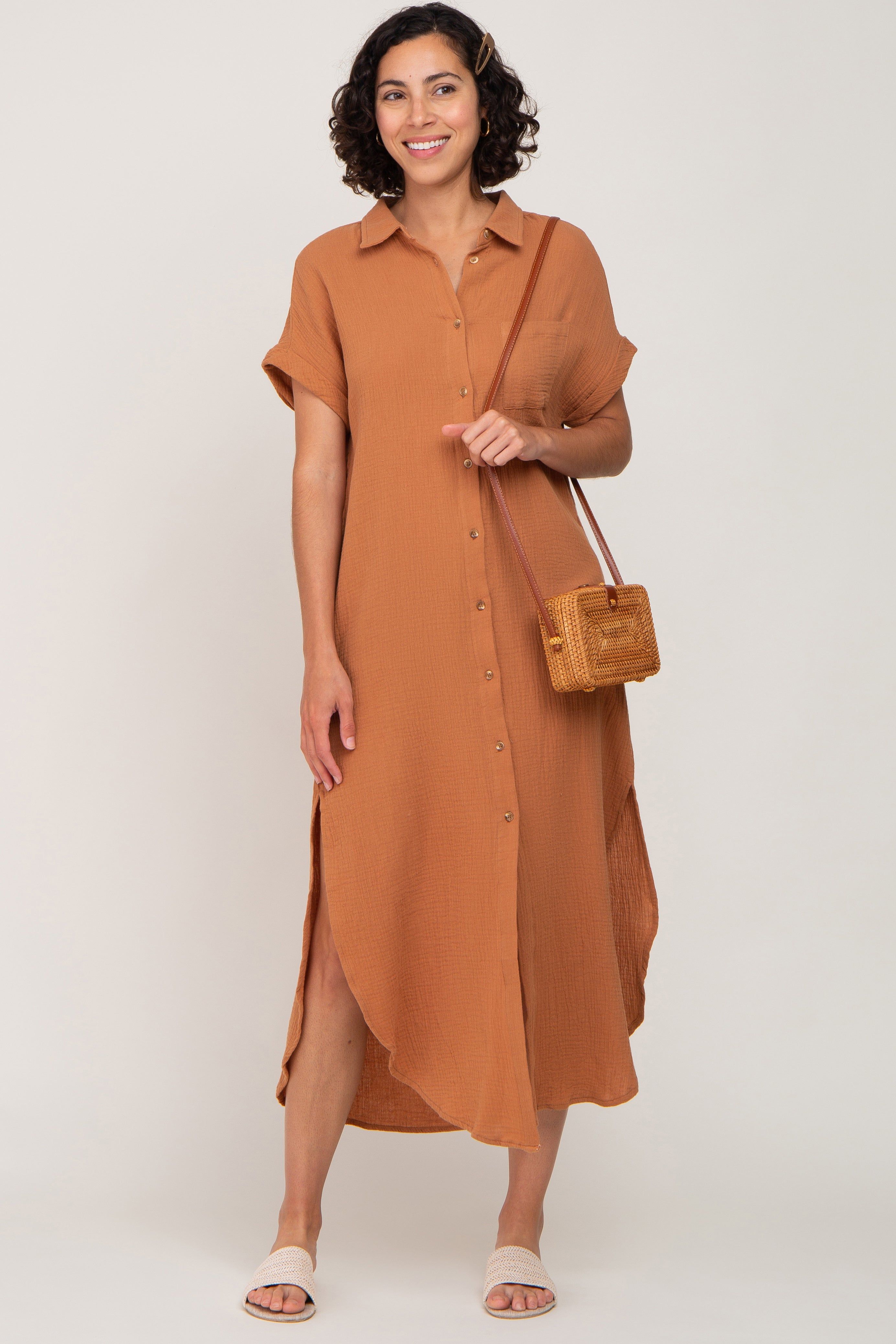 Camel Button Down Midi Dress sold by Pinkblush