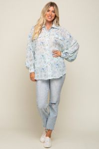 Blue Pleated Floral Oversized Blouse sold by Pinkblush