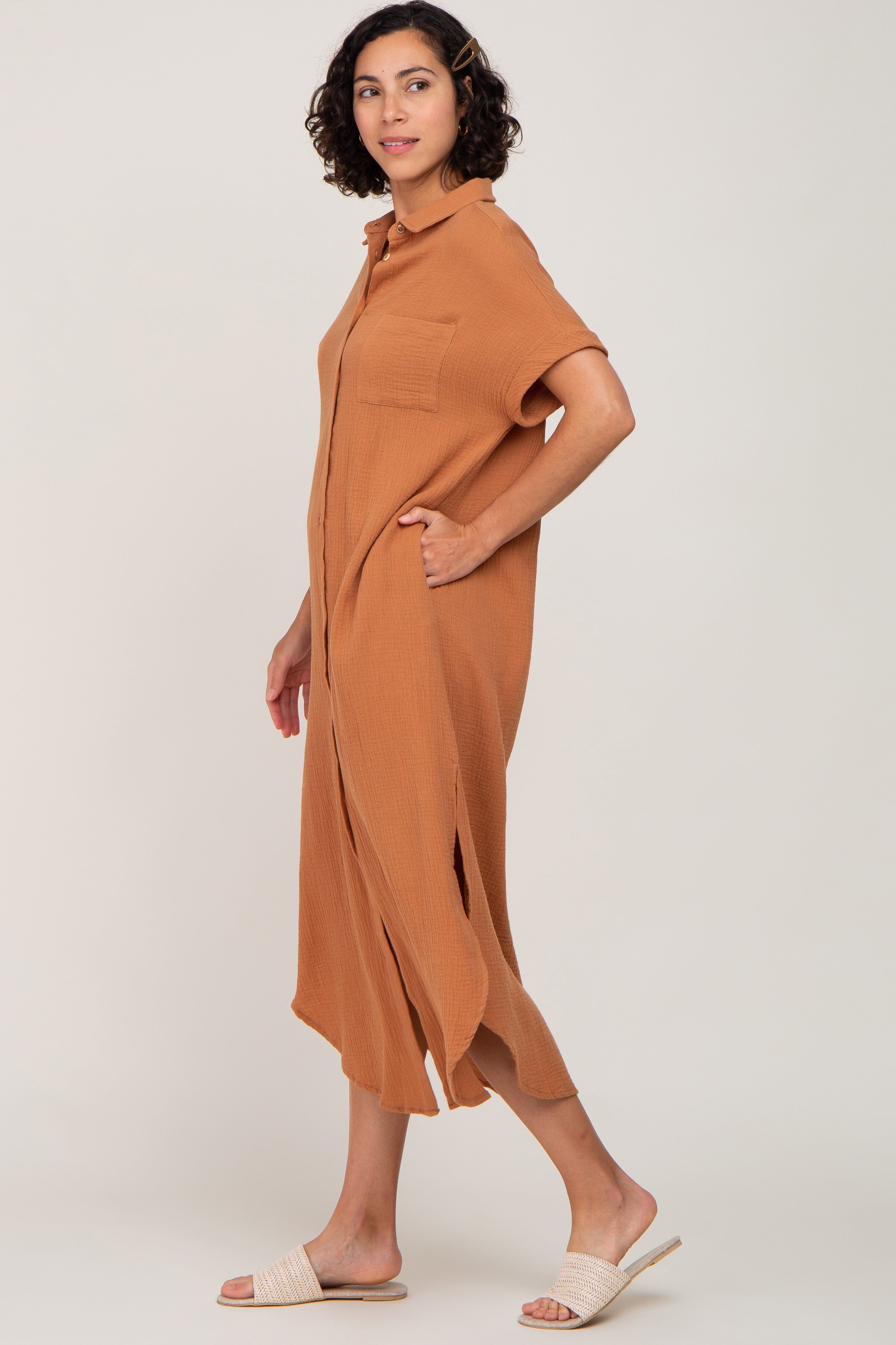 Camel Button Down Midi Dress sold by Pinkblush product image thumbnail 2