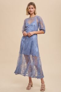 Dusty Blue Lace Maxi Dress With Corset Back sold by Pinkblush