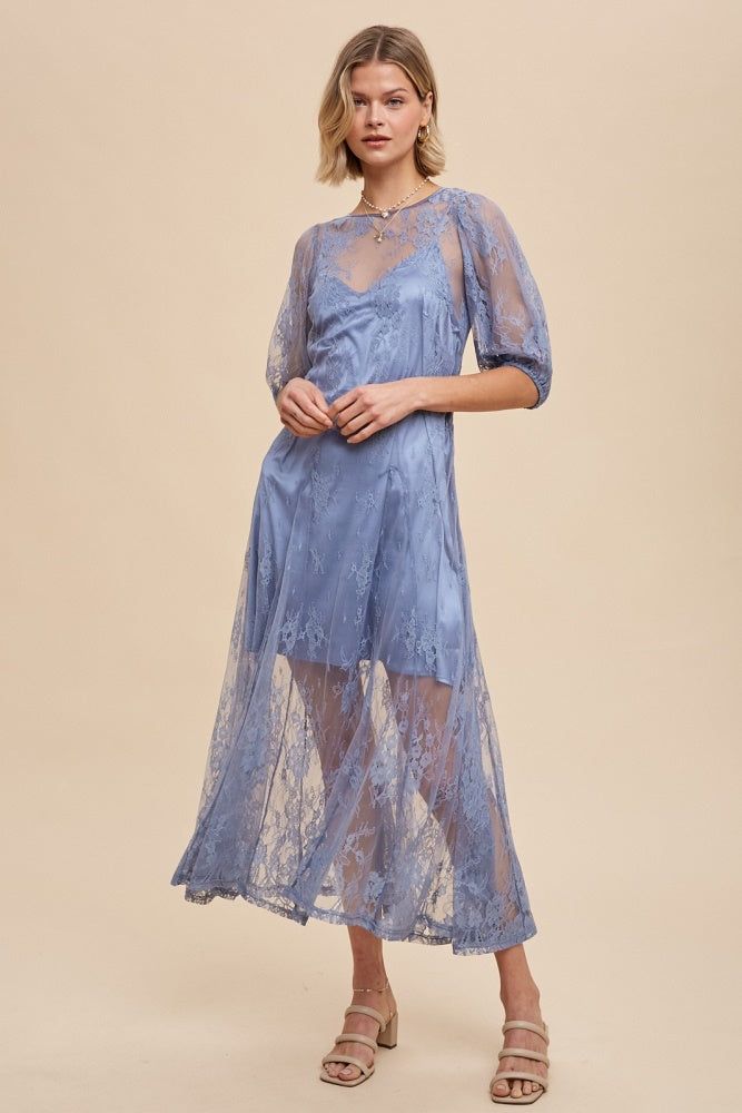 Dusty Blue Lace Maxi Dress With Corset Back sold by Pinkblush