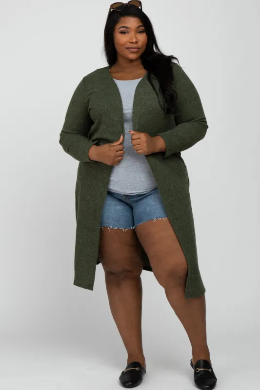 Olive Heathered Ribbed Side Slit Long Plus Cardigan sold by Pinkblush