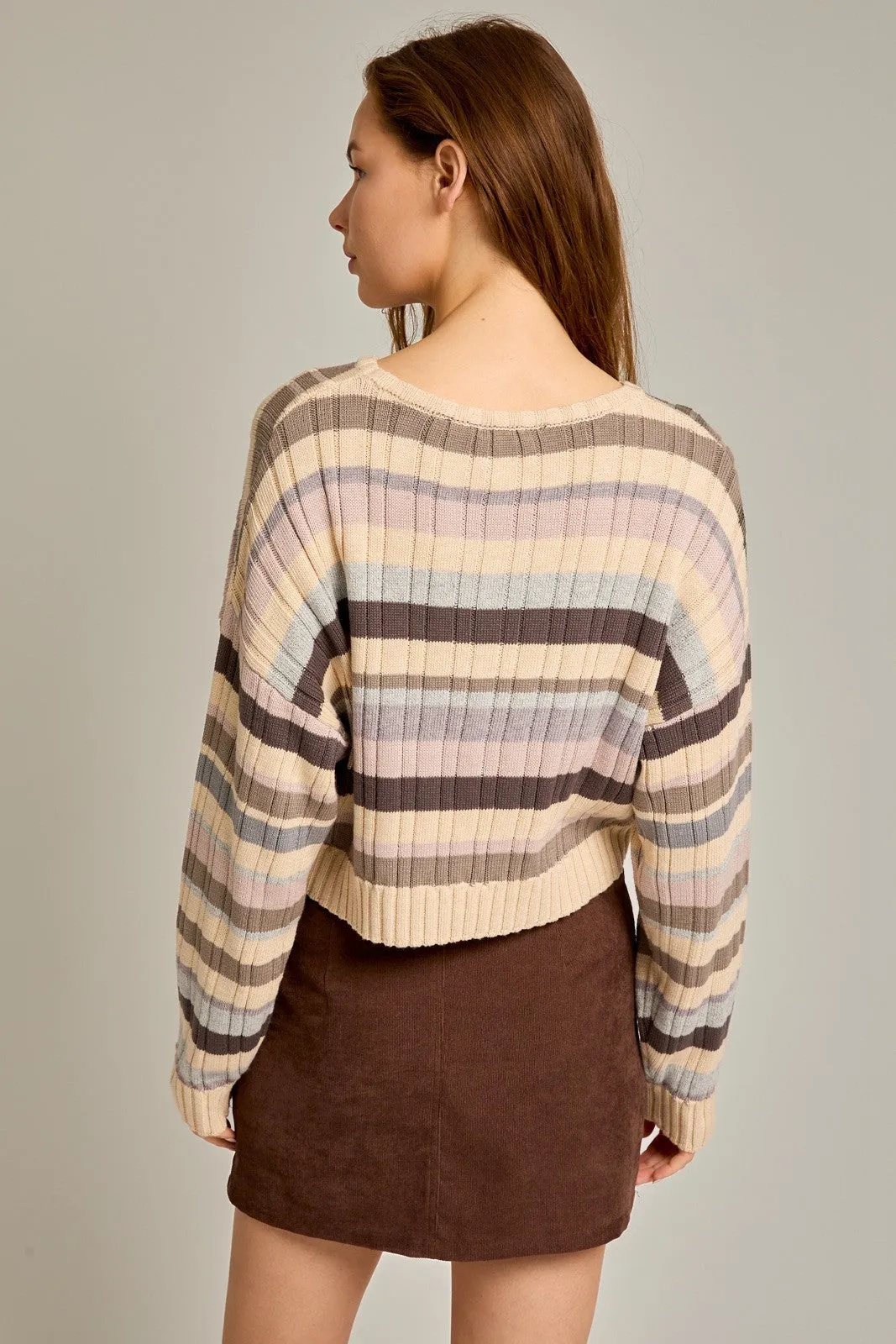 Taupe-Multi Stripe Ribbed Stripe Printed Crop Sweater sold by Pinkblush product image thumbnail 5