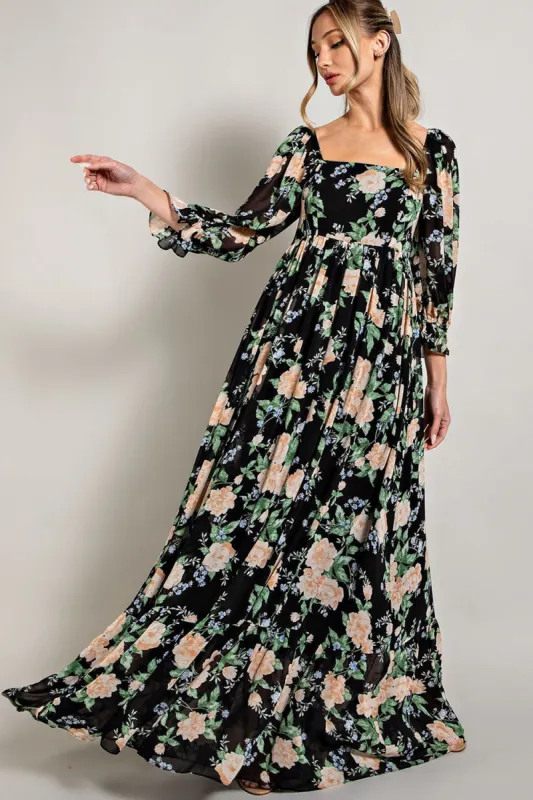 Black Floral Chiffon Square Neck 3/4 Ruffle Sleeve Maxi Dress sold by Pinkblush