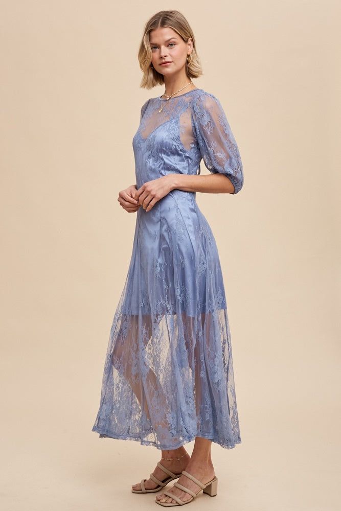 Dusty Blue Lace Maxi Dress With Corset Back sold by Pinkblush product image thumbnail 2