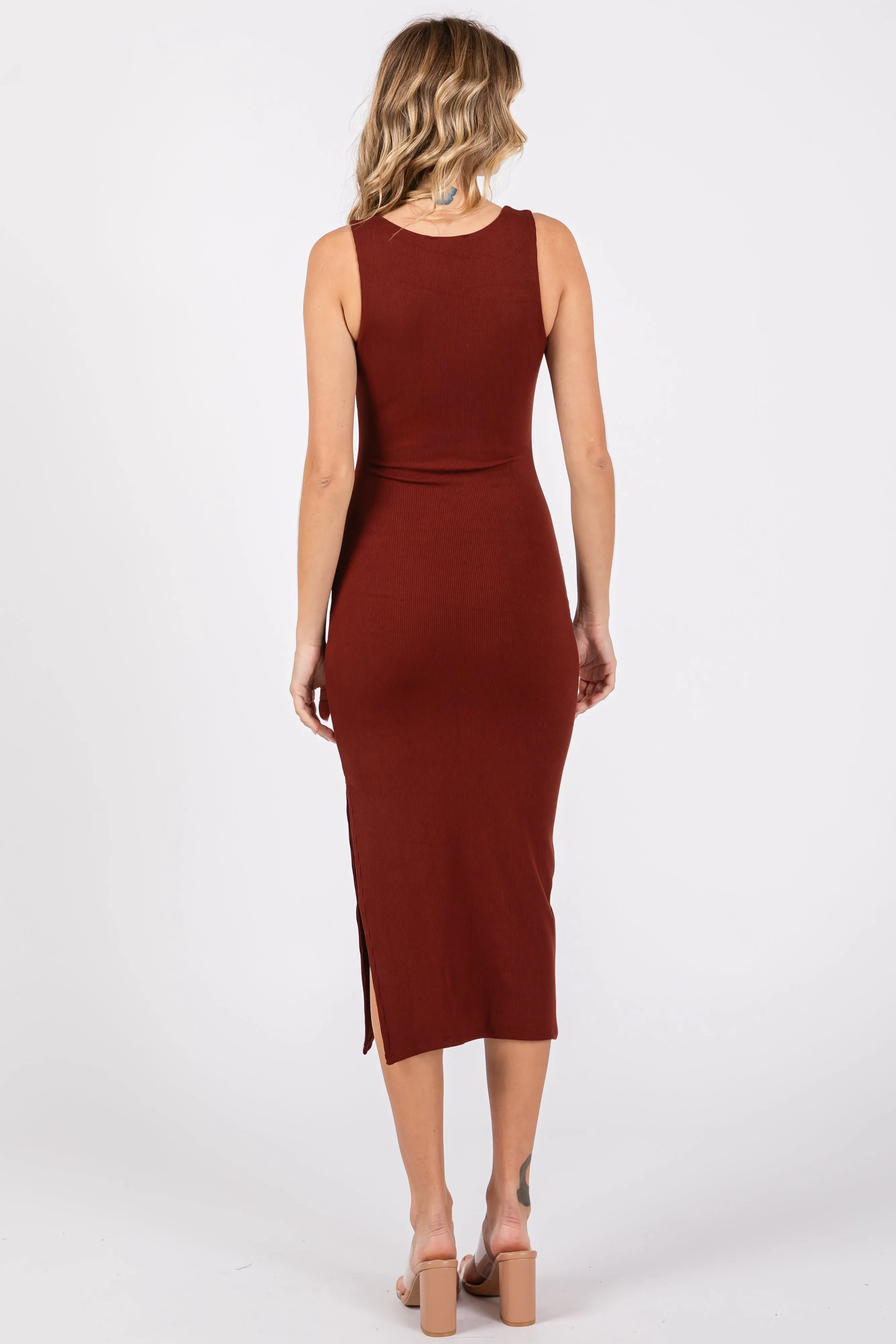 Dark Rust Ribbed Knit Sleeveless Side Slit Dress sold by Pinkblush product image thumbnail 3