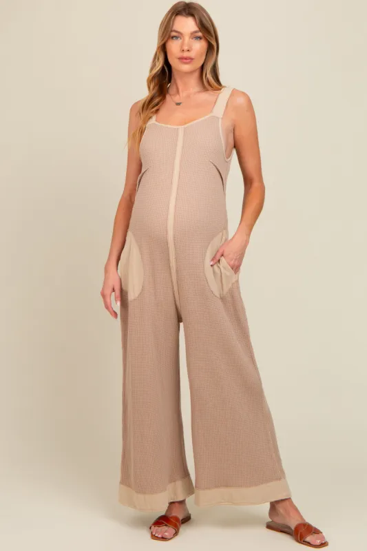 Beige Waffle Knit Wide Leg Maternity Jumpsuit sold by Pinkblush