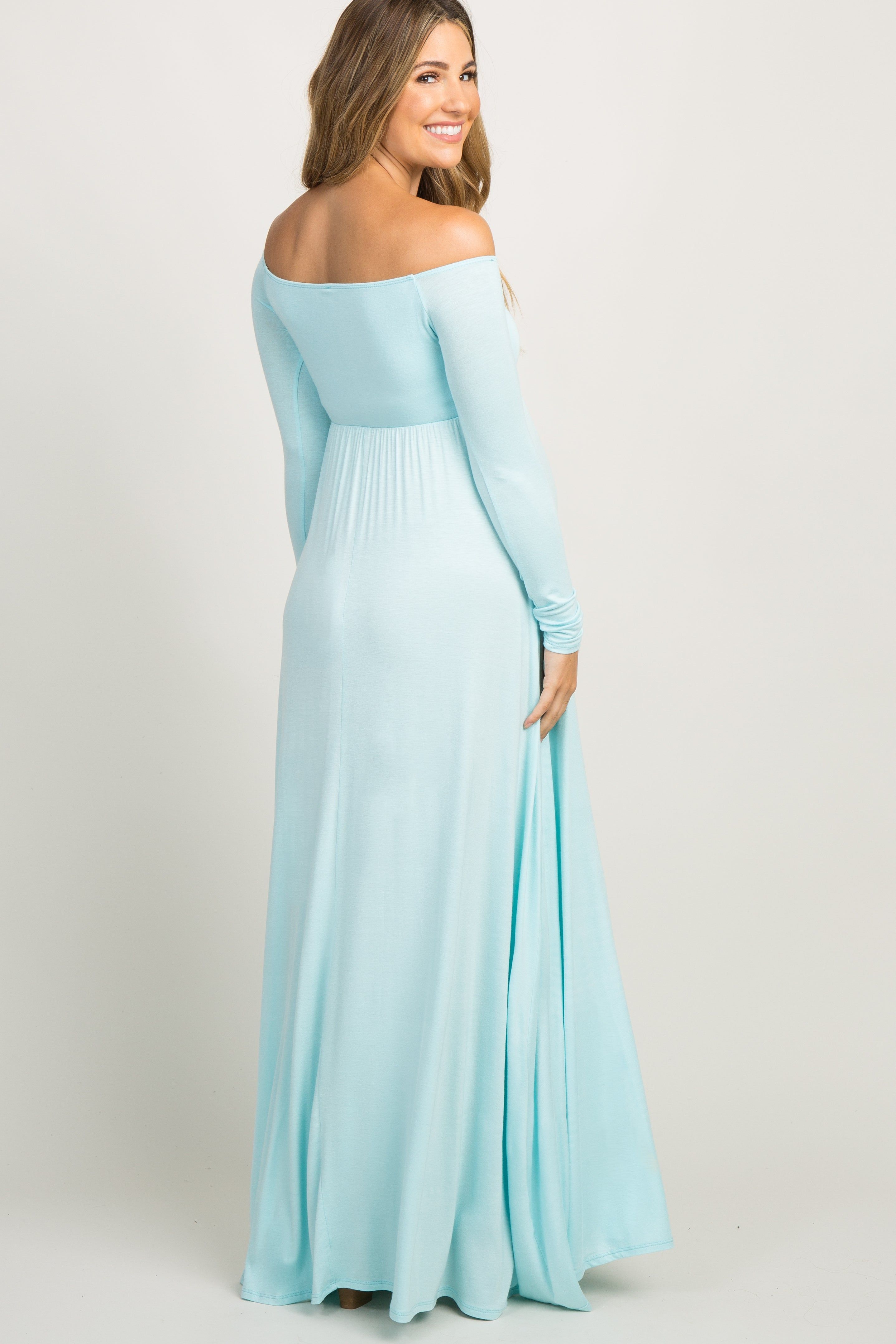 PinkBlush Light Blue Solid Off Shoulder Maternity Maxi Dress sold by Pinkblush product image thumbnail 3
