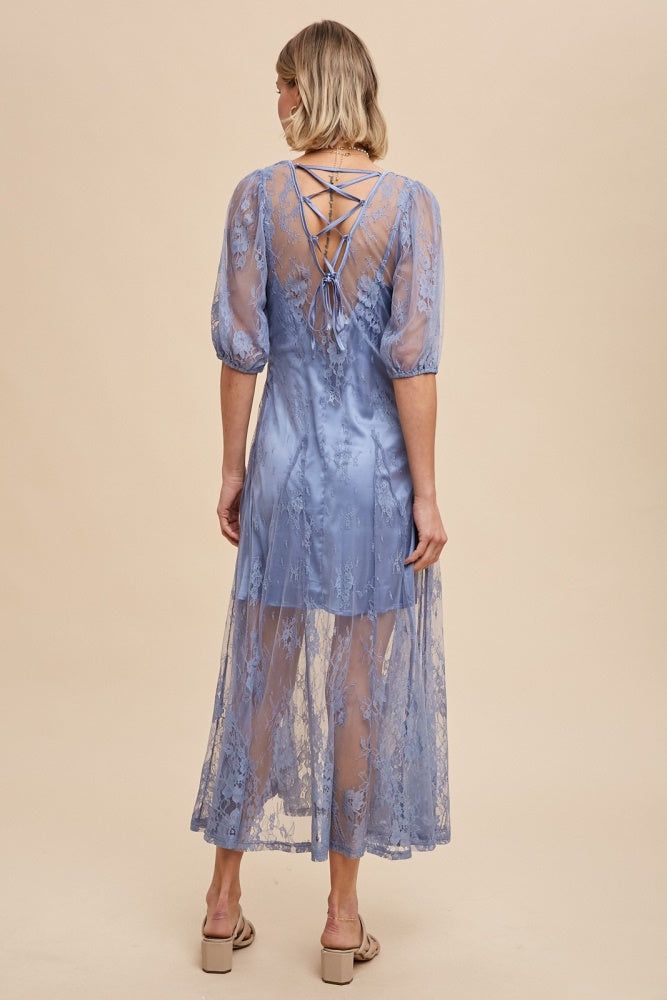 Dusty Blue Lace Maxi Dress With Corset Back sold by Pinkblush product image thumbnail 3