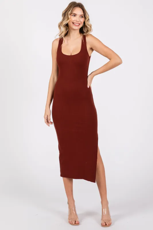 Dark Rust Ribbed Knit Sleeveless Side Slit Dress sold by Pinkblush