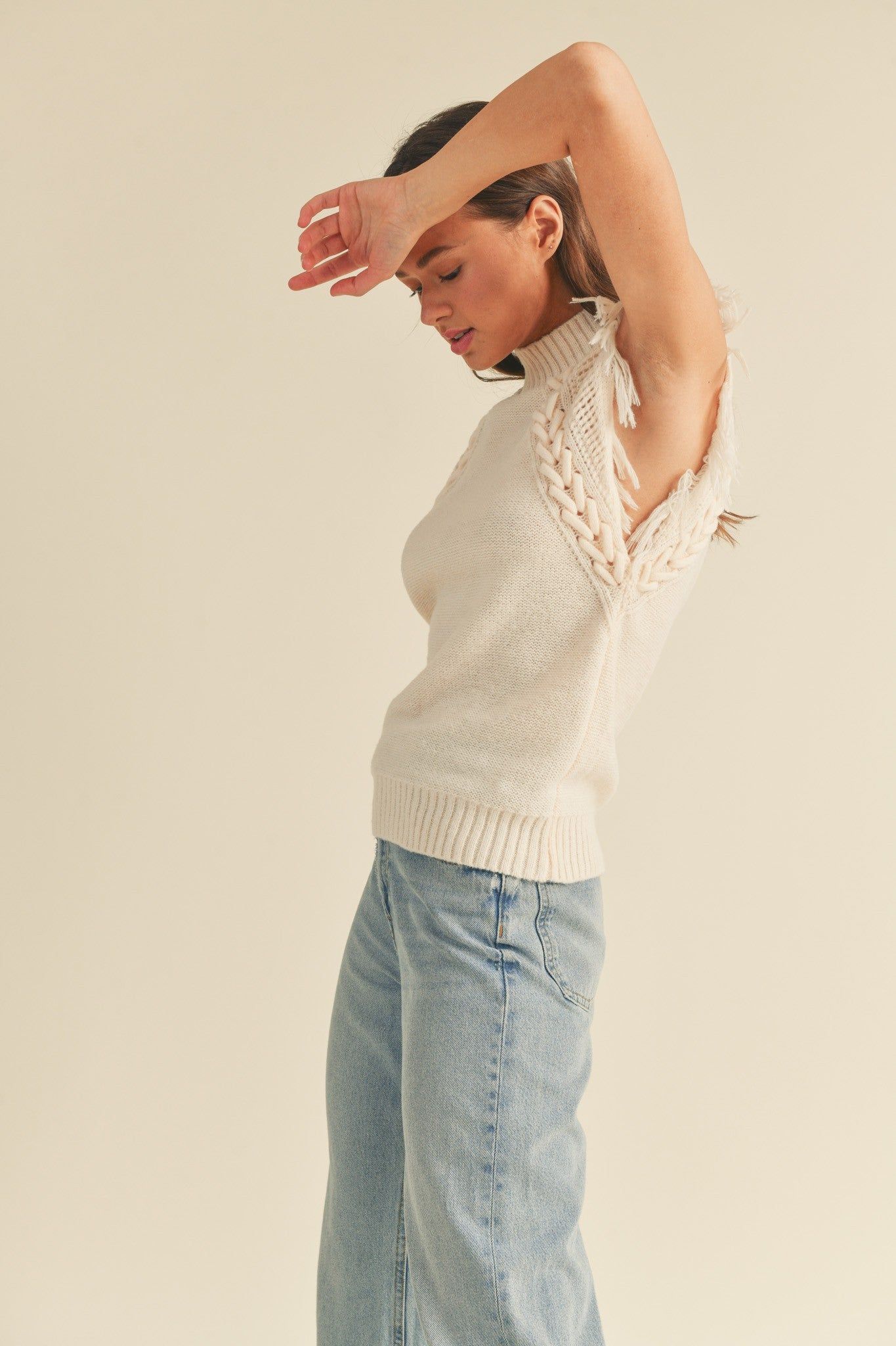 Ivory Cable Knit Sweater Vest With Fringe sold by Pinkblush product image thumbnail 3