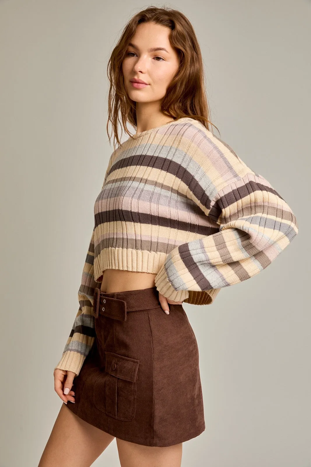 Taupe-Multi Stripe Ribbed Stripe Printed Crop Sweater sold by Pinkblush product image thumbnail 4