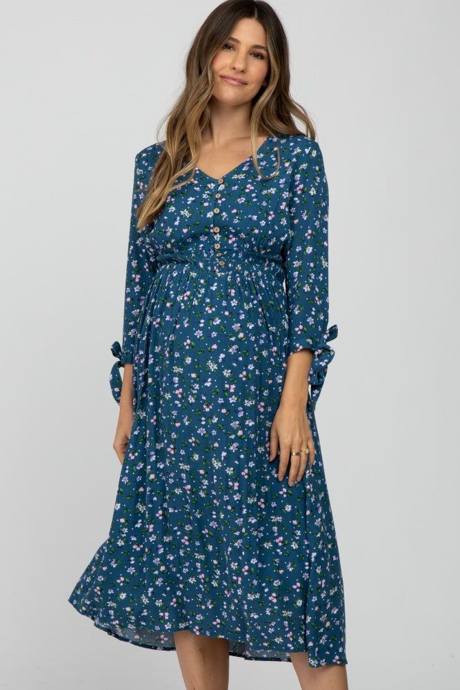 Dark Teal Floral Button Front Maternity Midi Dress sold by Pinkblush product image thumbnail 2