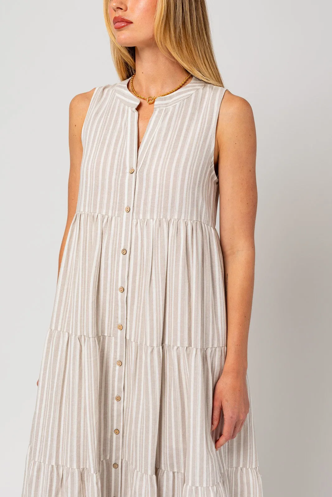 Taupe Striped Sleeveless Tiered Linen Midi Dress sold by Pinkblush product image thumbnail 4