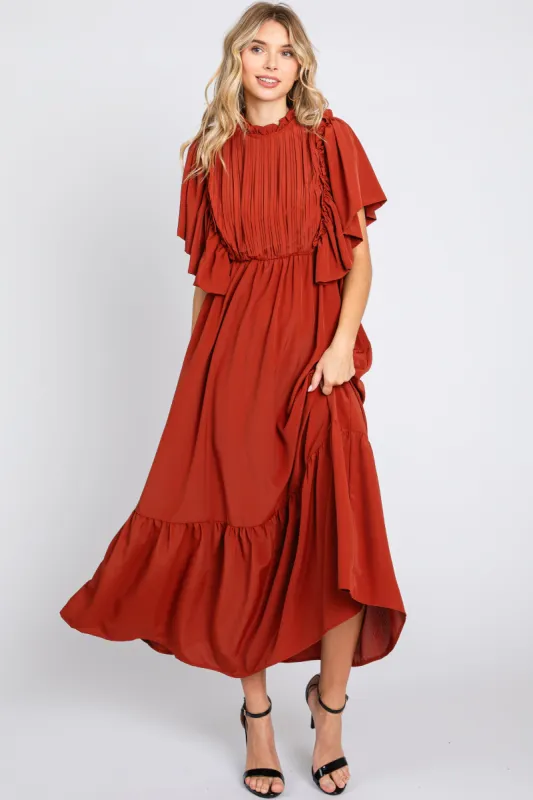 Rust Ruffle Pleated Maxi Dress sold by Pinkblush