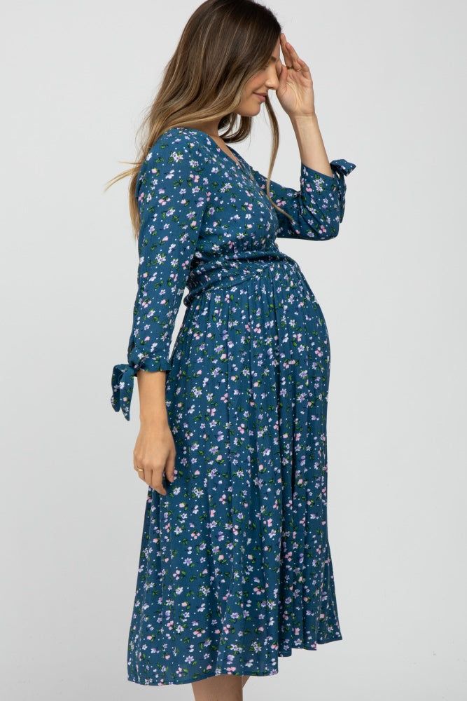 Dark Teal Floral Button Front Maternity Midi Dress sold by Pinkblush product image thumbnail 3
