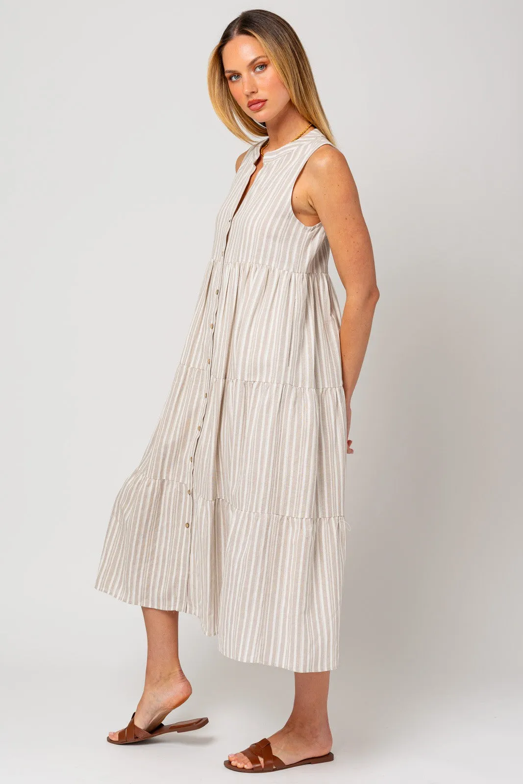 Taupe Striped Sleeveless Tiered Linen Midi Dress sold by Pinkblush product image thumbnail 2