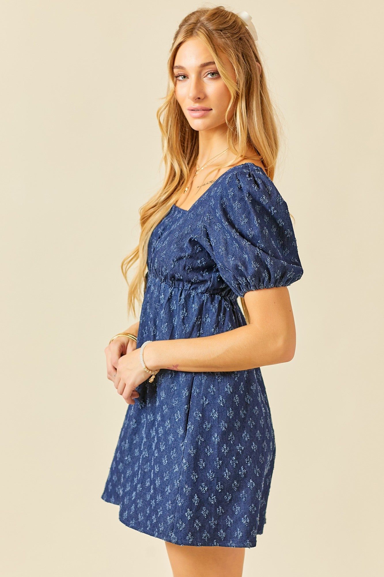 Medium Denim Distressed Detail Babydoll Mini Dress sold by Pinkblush product image thumbnail 2
