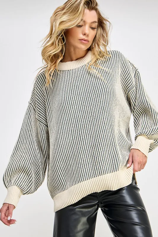 Olive Ribbed Balloon Sleeve Sweater sold by Pinkblush