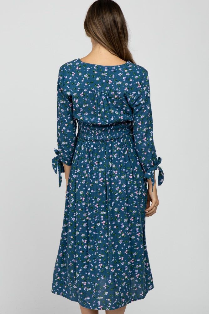 Dark Teal Floral Button Front Maternity Midi Dress sold by Pinkblush product image thumbnail 4
