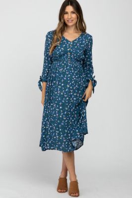 Dark Teal Floral Button Front Maternity Midi Dress sold by Pinkblush