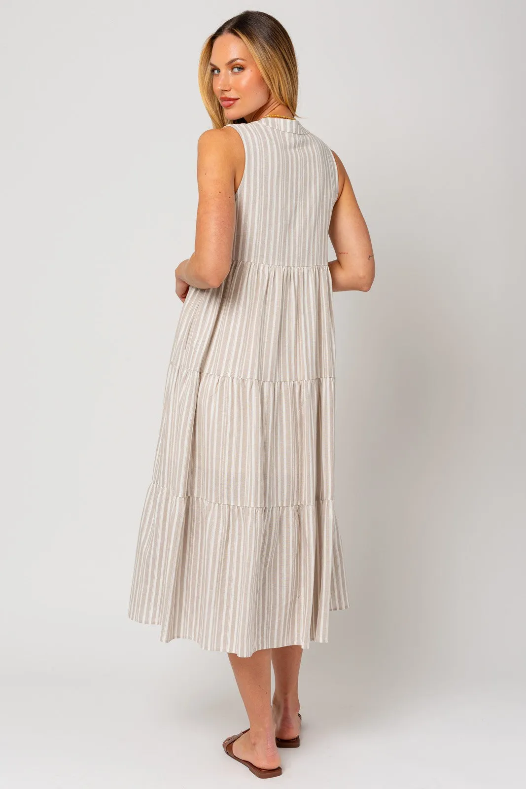 Taupe Striped Sleeveless Tiered Linen Midi Dress sold by Pinkblush product image thumbnail 3