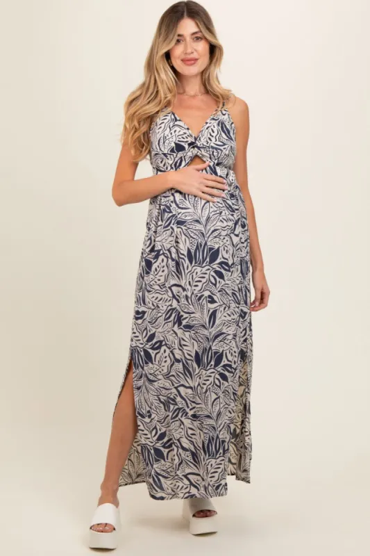 Navy Blue Leaf Print Front Cutout Side Slit Maternity Maxi Dress sold by Pinkblush