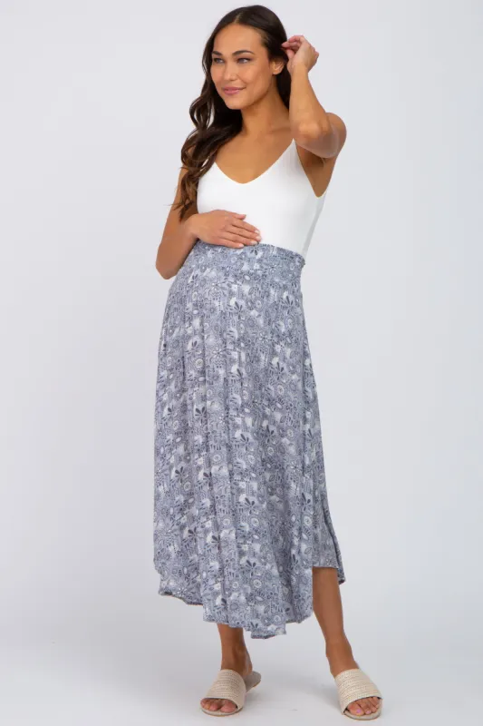 Blue Floral Round Hem Maternity Midi Skirt sold by Pinkblush