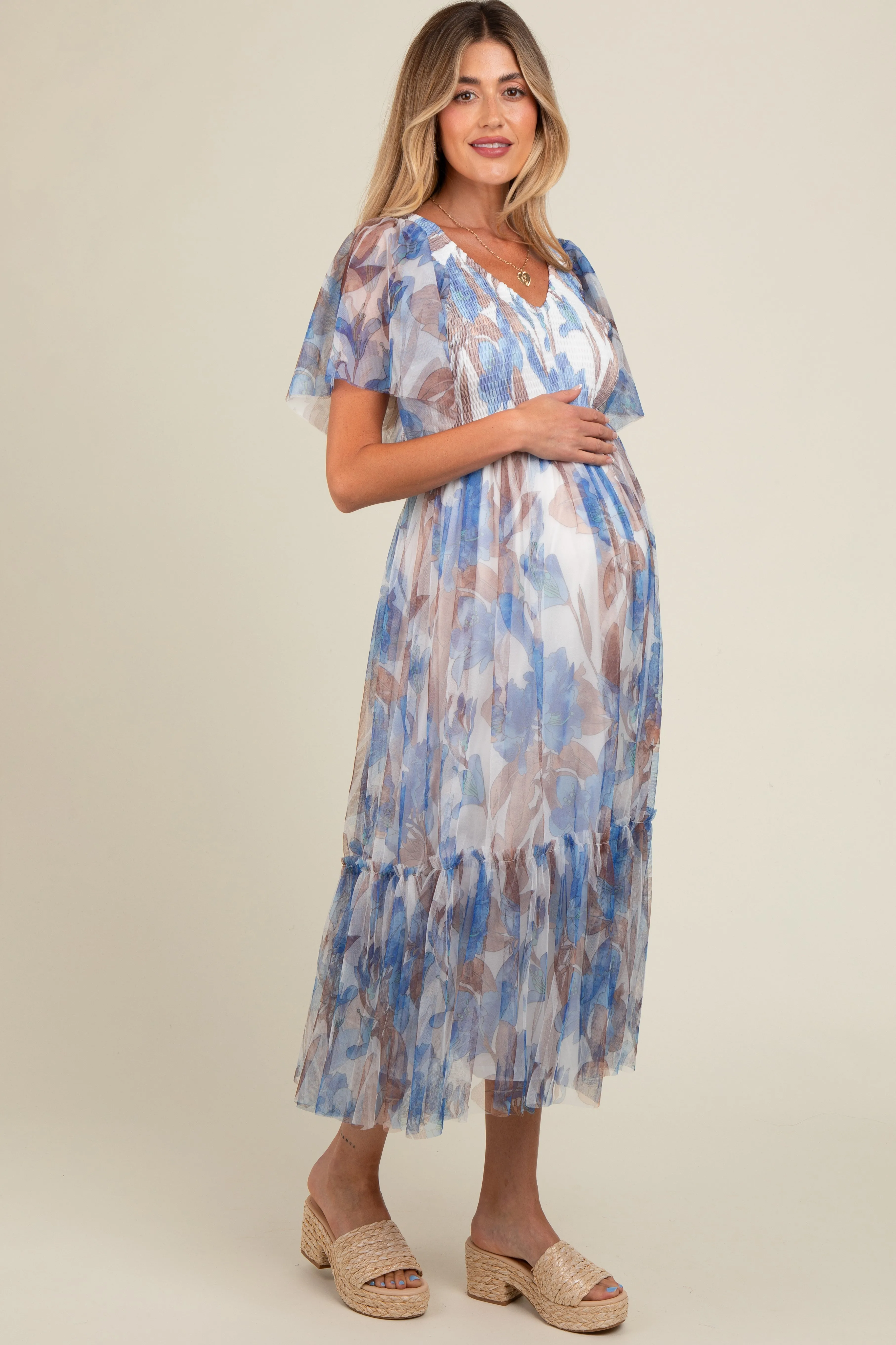 White Leaf Print Mesh Smocked Maternity Midi Dress sold by Pinkblush product image thumbnail 3