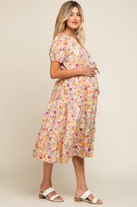 Lavender Floral Puff Sleeve Tiered Maternity Midi Dress sold by Pinkblush