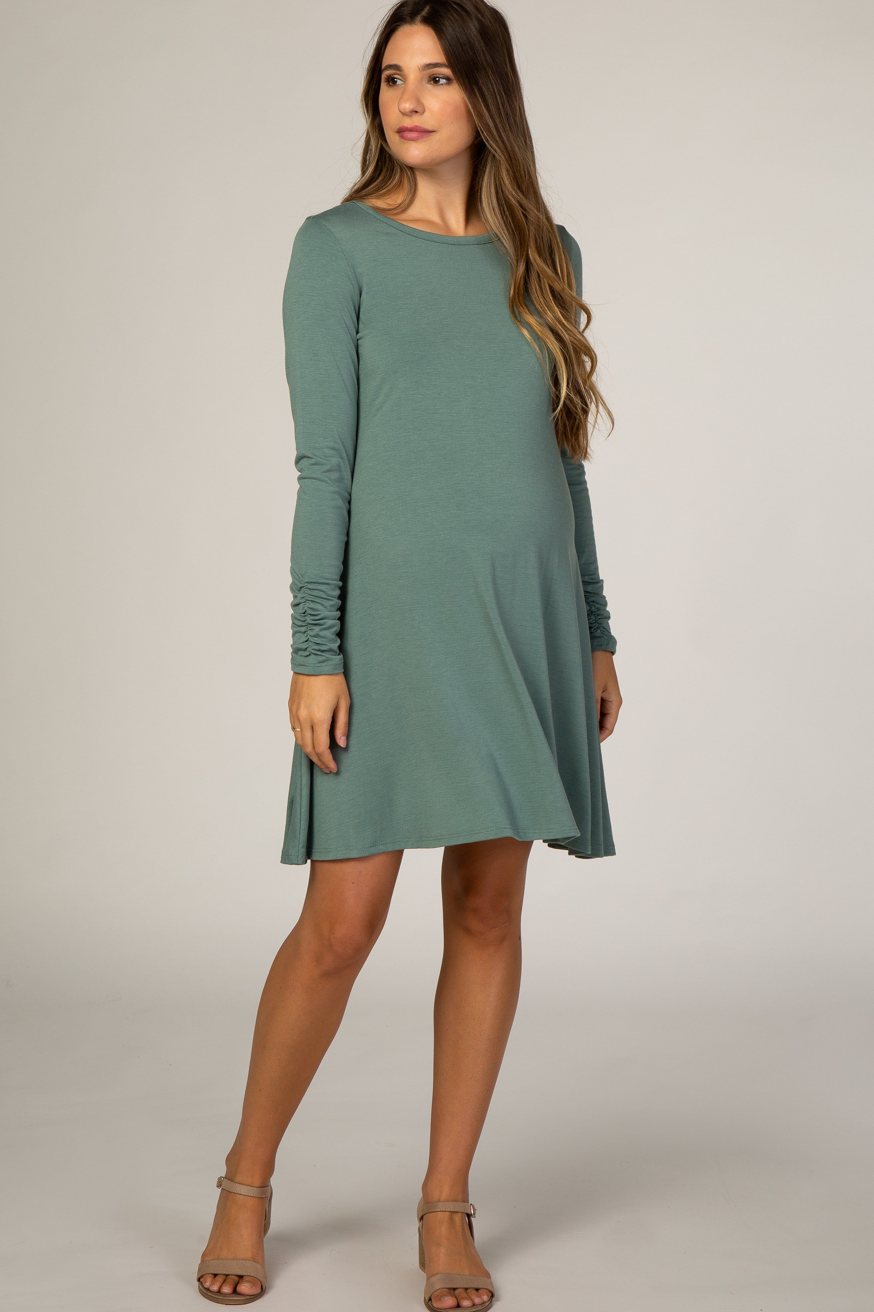 Sage Ruched Sleeve Maternity Swing Dress sold by Pinkblush