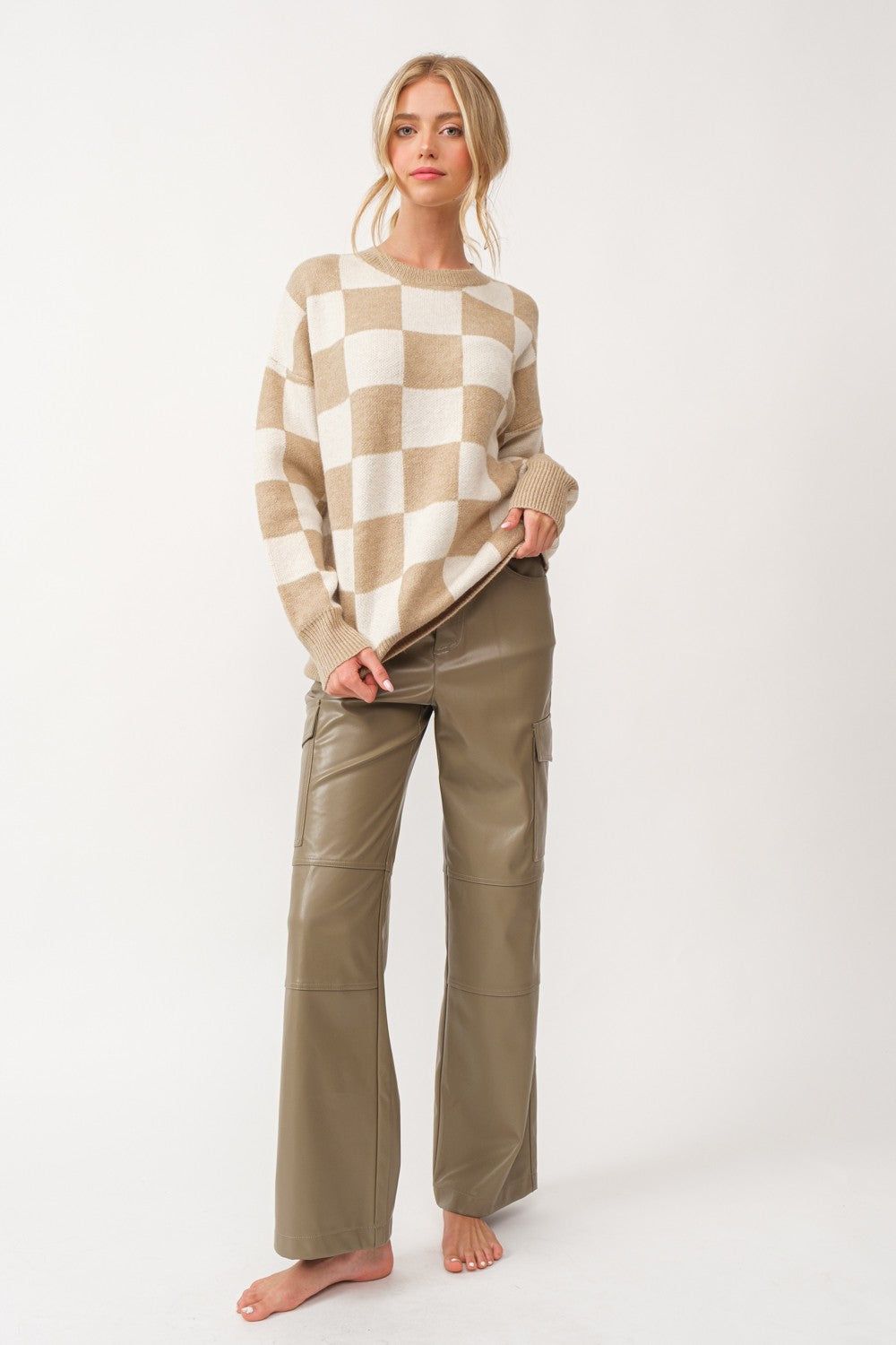 Taupe Checkered Print Sweater sold by Pinkblush product image thumbnail 4