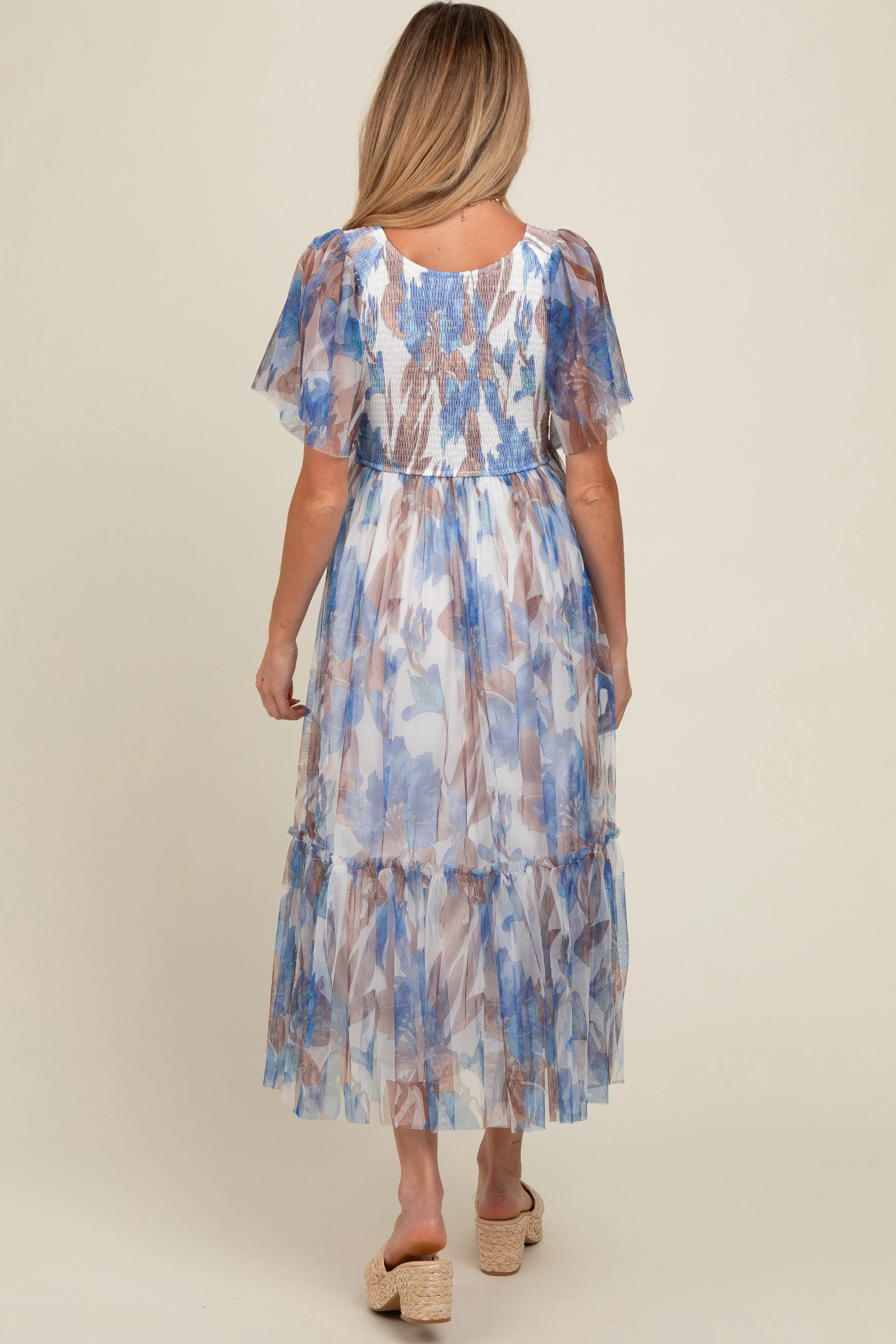 White Leaf Print Mesh Smocked Maternity Midi Dress sold by Pinkblush product image thumbnail 4