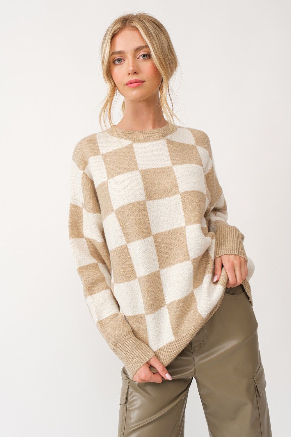 Taupe Checkered Print Sweater sold by Pinkblush