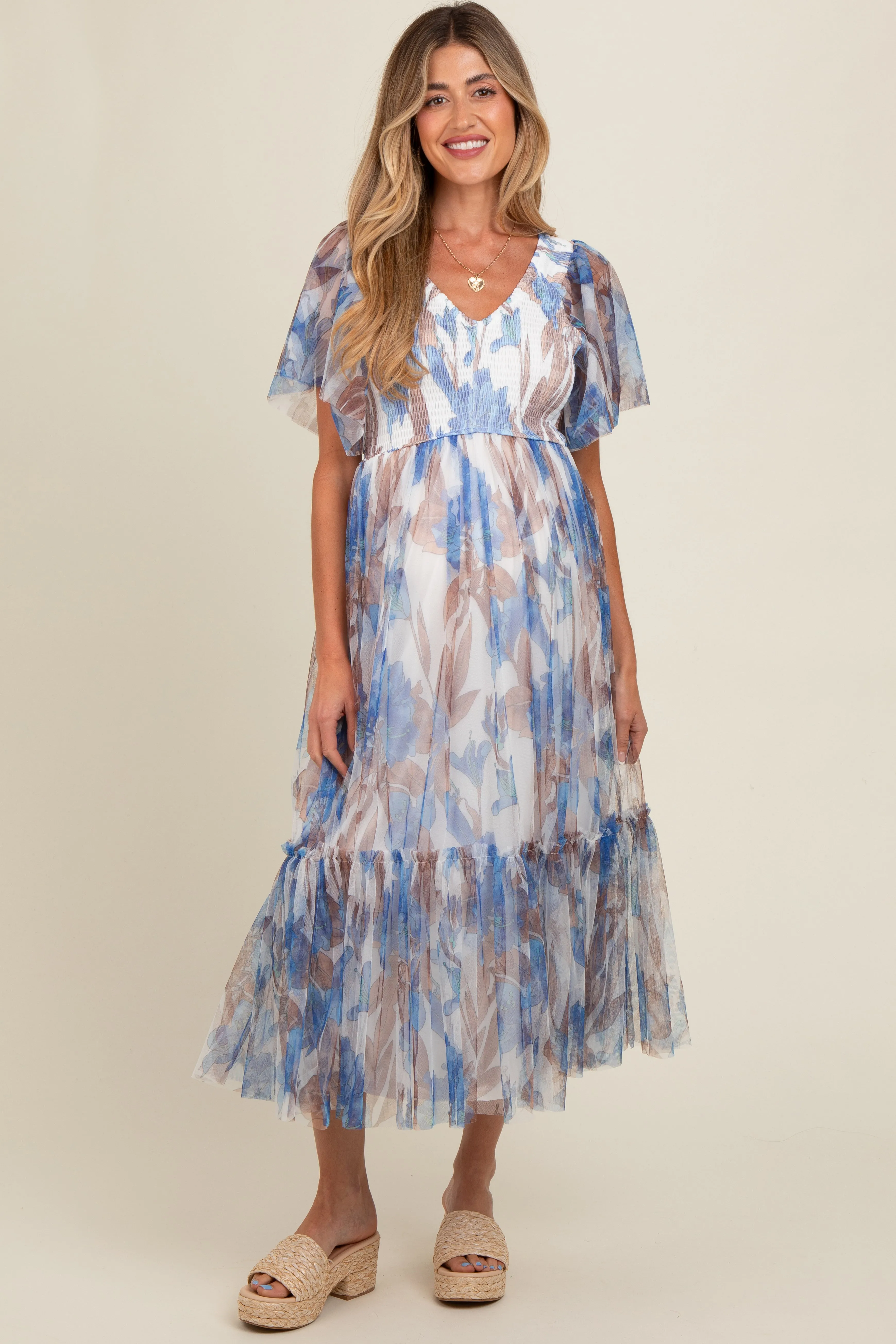 White Leaf Print Mesh Smocked Maternity Midi Dress sold by Pinkblush