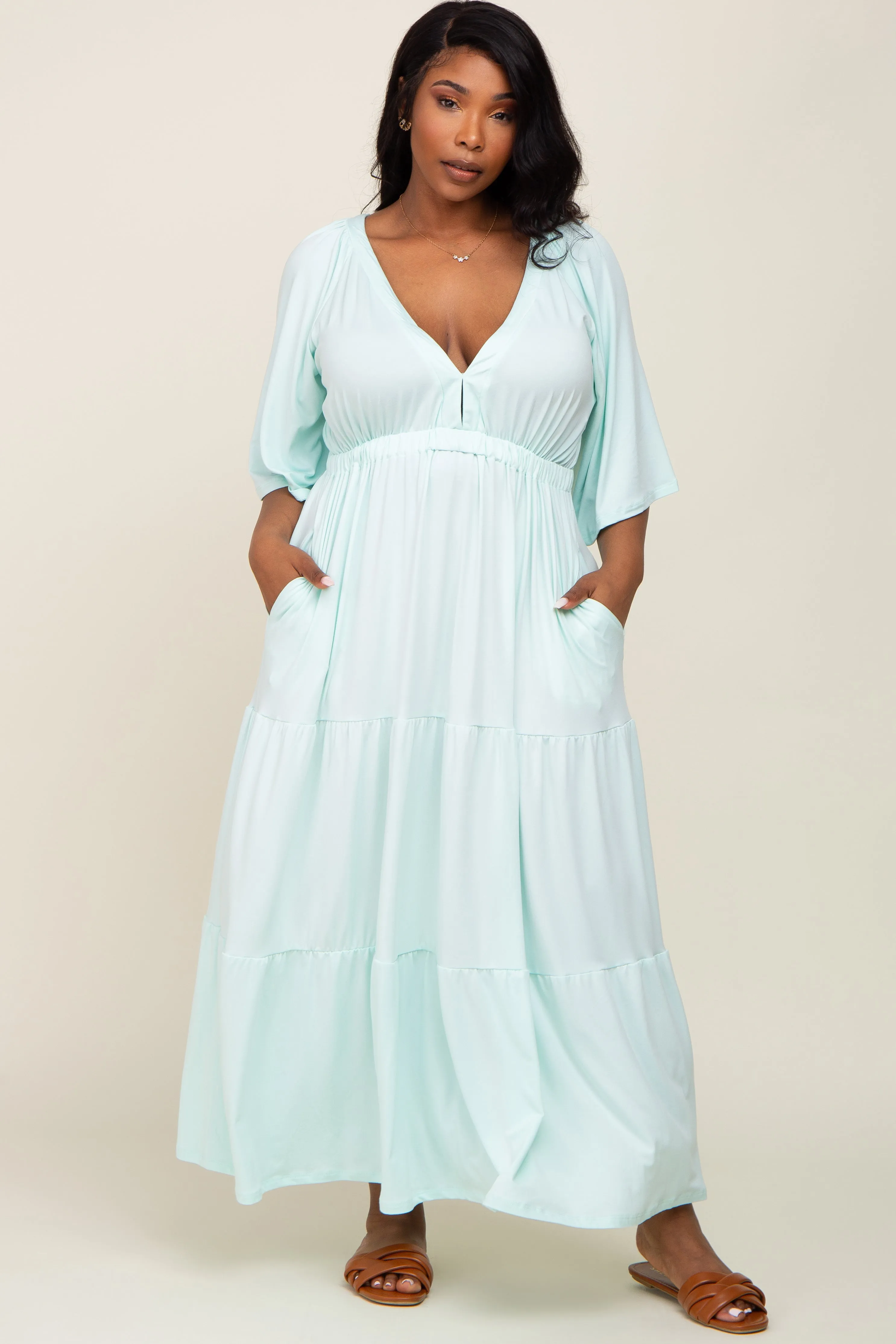 Mint Green Deep V-Neck Tiered Plus Maxi Dress sold by Pinkblush product image thumbnail 5