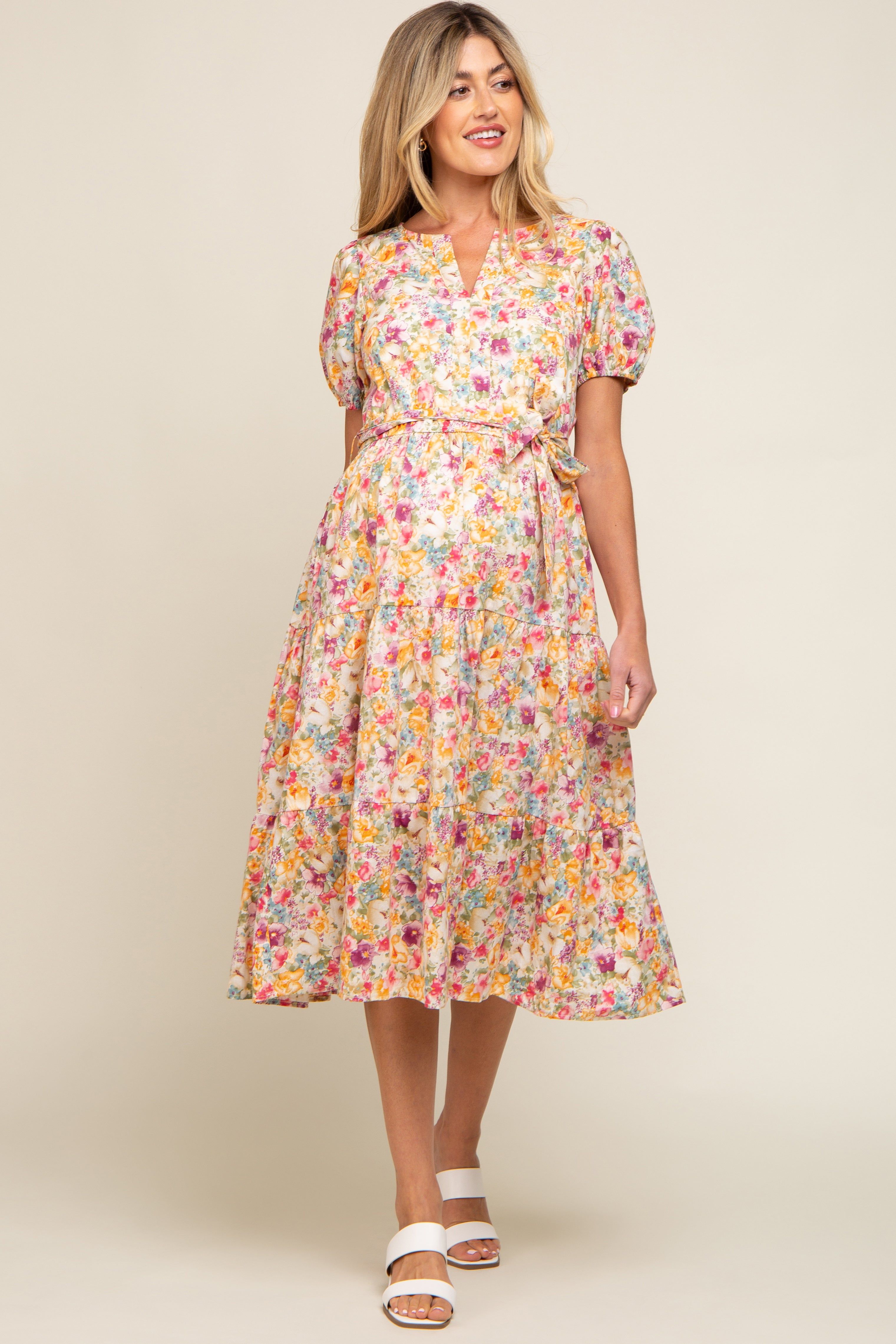 Lavender Floral Puff Sleeve Tiered Maternity Midi Dress sold by Pinkblush