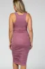 Mauve Solid Ruched Fitted Maternity Bodycon Midi Dress sold by Pinkblush
