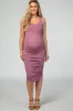 Mauve Solid Ruched Fitted Maternity Bodycon Midi Dress sold by Pinkblush