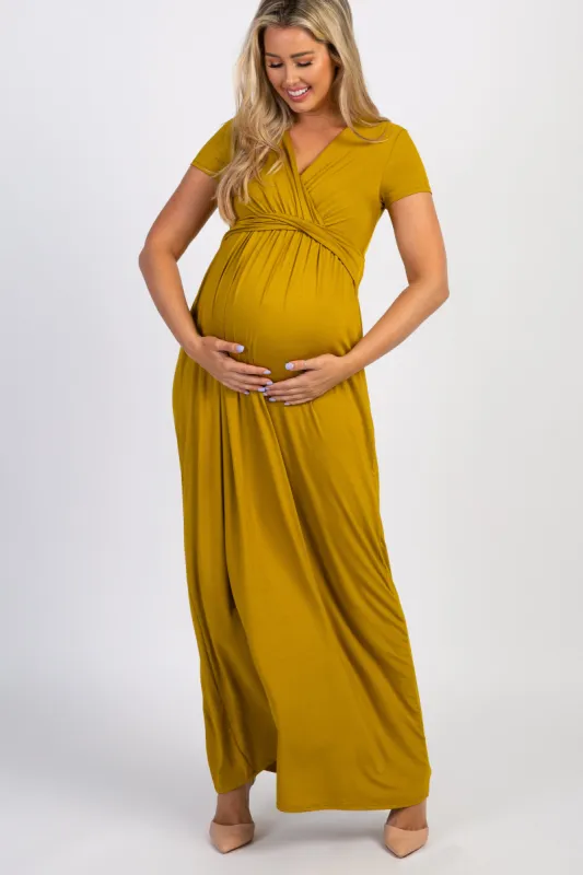 Mustard Draped Maternity/Nursing Maxi Dress sold by Pinkblush